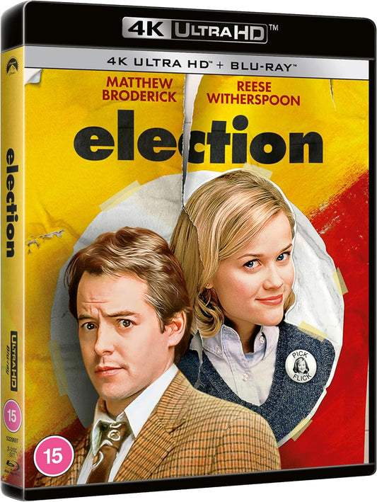 “Election” 4K UHD Blu-ray cover featuring Matthew Broderick and Reese Witherspoon.
