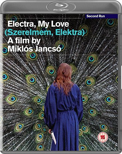 Blu-ray cover for "Electra, My Love" featuring a woman with peacock feathers.