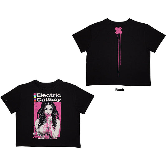 Black crop top with “Eat Me Alive” and Electric Callboy band logo on back.