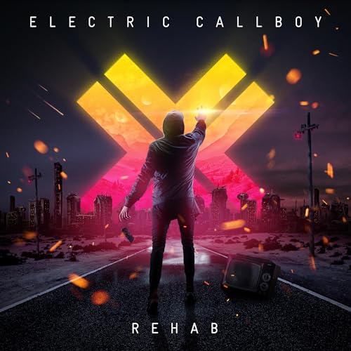 Electric Callboy “Rehab” CD cover: figure with raised hand, city backdrop.