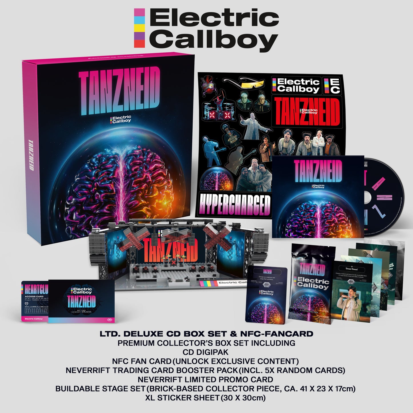 Electric Callboy "TANZNEID (Deluxe)" CD box set with cards and collectibles.