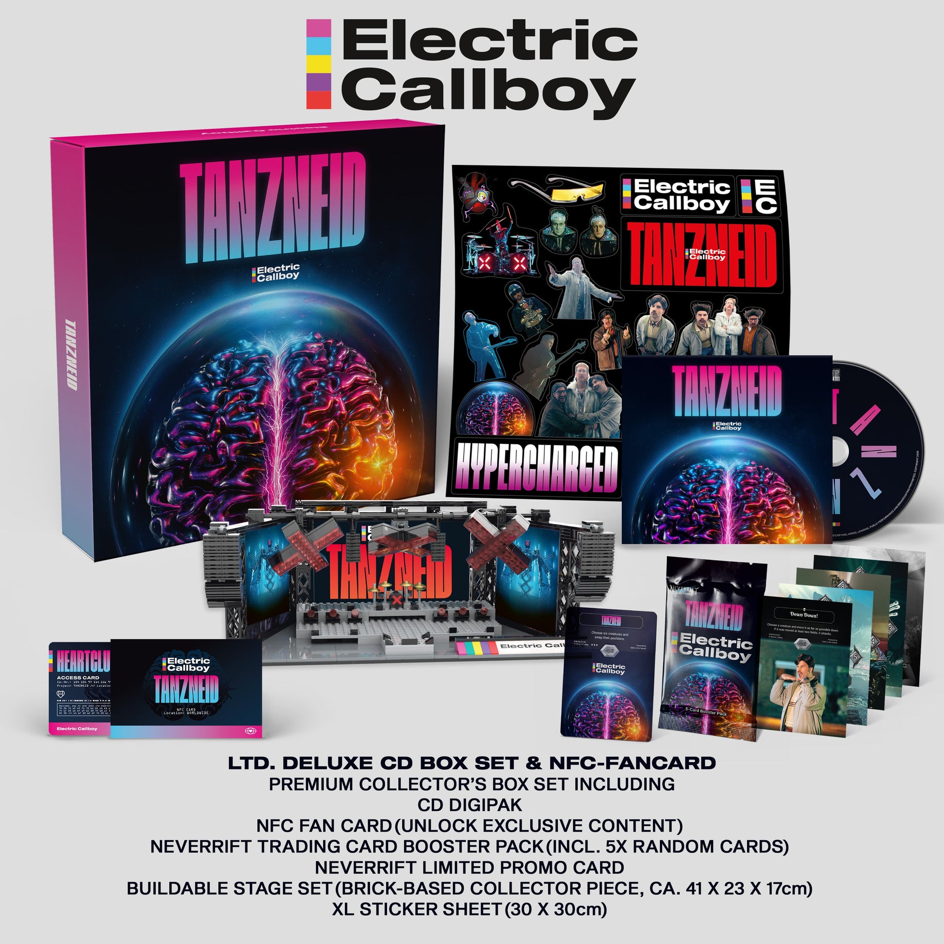 Electric Callboy "TANZNEID (Deluxe)" CD box set with cards and collectibles.