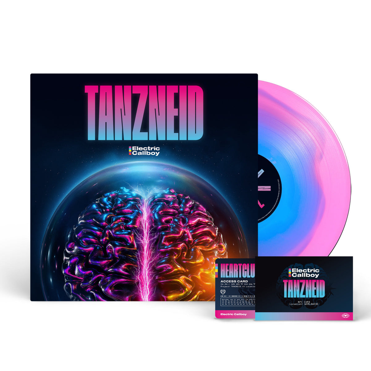 Electric Callboy "TANZNEID" vinyl LP cover with brain imagery and neon text.