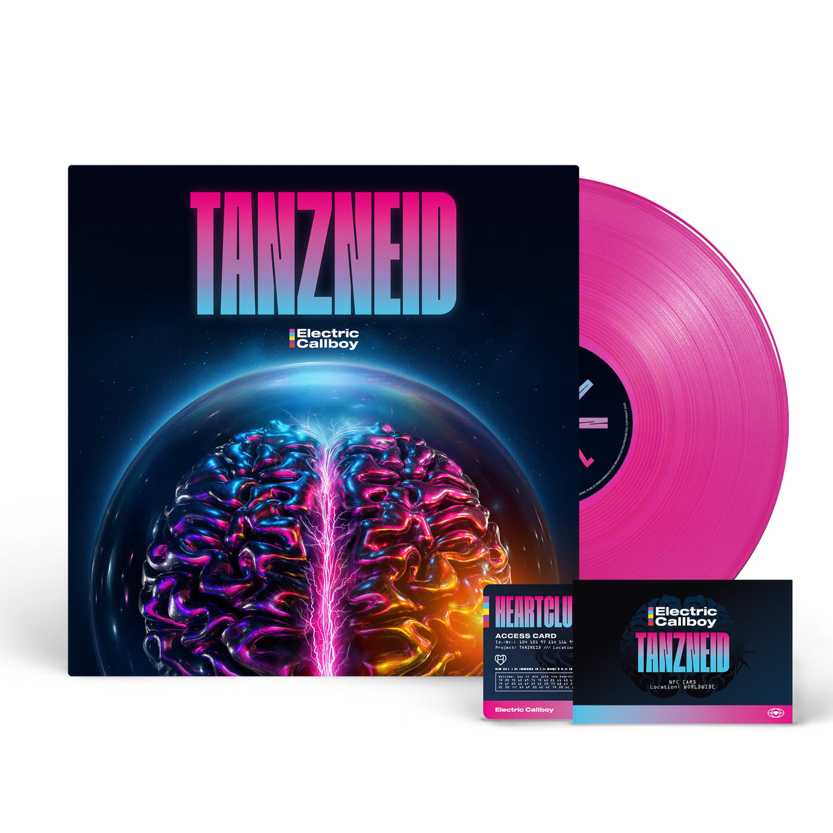 Neon pink vinyl LP of Electric Callboy’s “TANZNEID” with brain imagery.