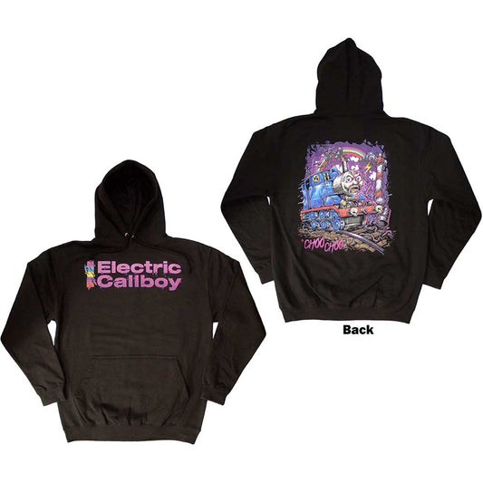 Black unisex pullover hoodie featuring a graphic print on the back.
