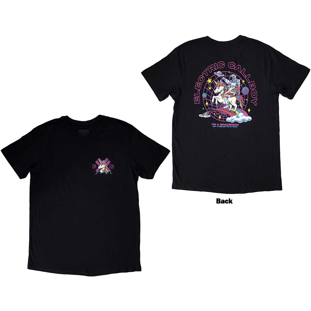 Black t-shirt with large back print of a spaceman riding a unicorn.