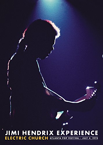 Jimi Hendrix playing guitar in silhouette, “Electric Church” DVD cover.