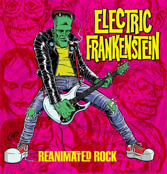 Frankenstein's monster playing electric guitar, cartoon style, on a pink background.