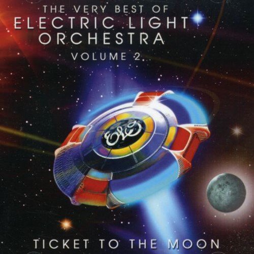 Spacecraft with ELO logo flies toward moon against starry night sky background.