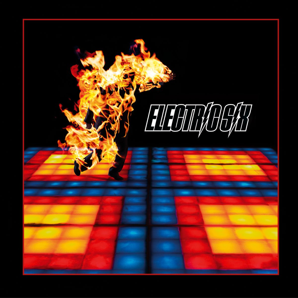 Album cover: flaming figure dancing on a colorful checkered floor.