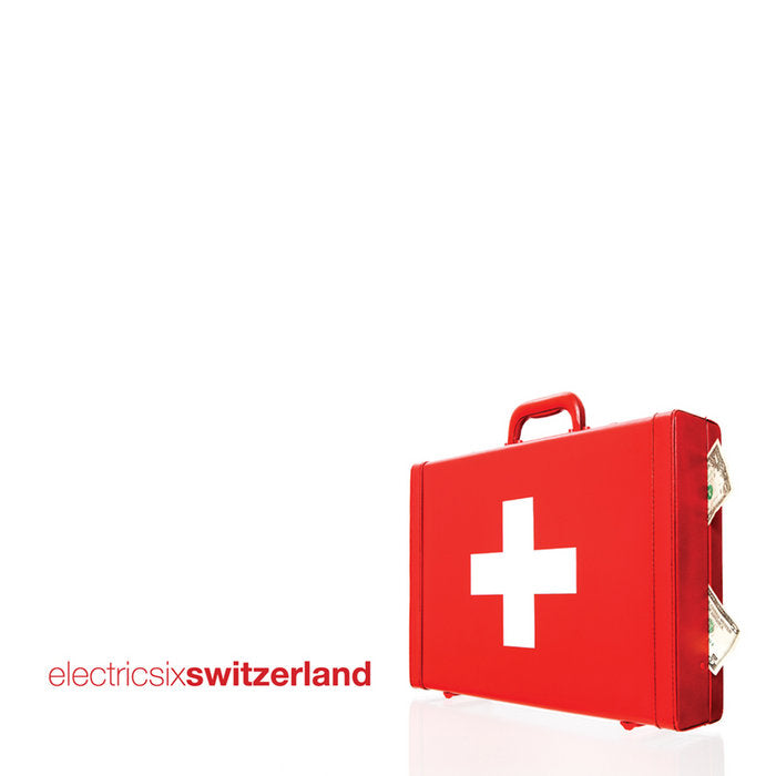 Red suitcase with a white cross against a white background.