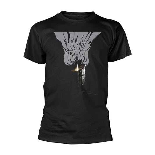 Black t-shirt with a grey, distorted face and candle graphic.