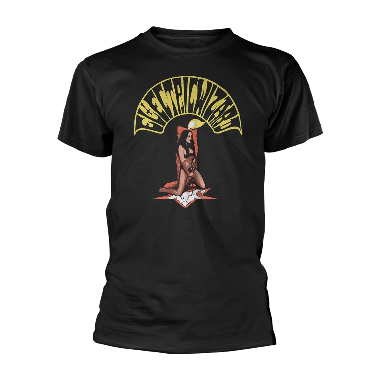 Black t-shirt with a yellow and red graphic of a woman and candle.