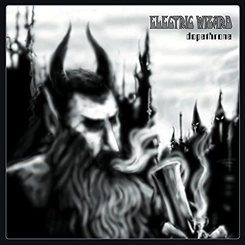 Black and white illustration of a horned figure smoking, with Electric Wizard Dopethrone text.