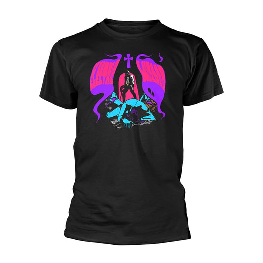 Black t-shirt with a colorful, stylized illustration of a witch hunt scene.
