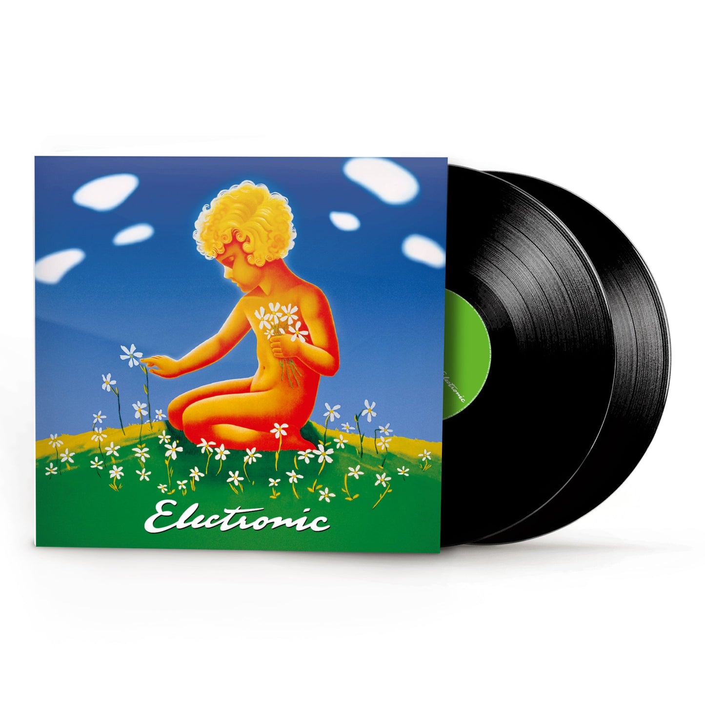 Vinyl record with cover art depicting a figure among flowers.