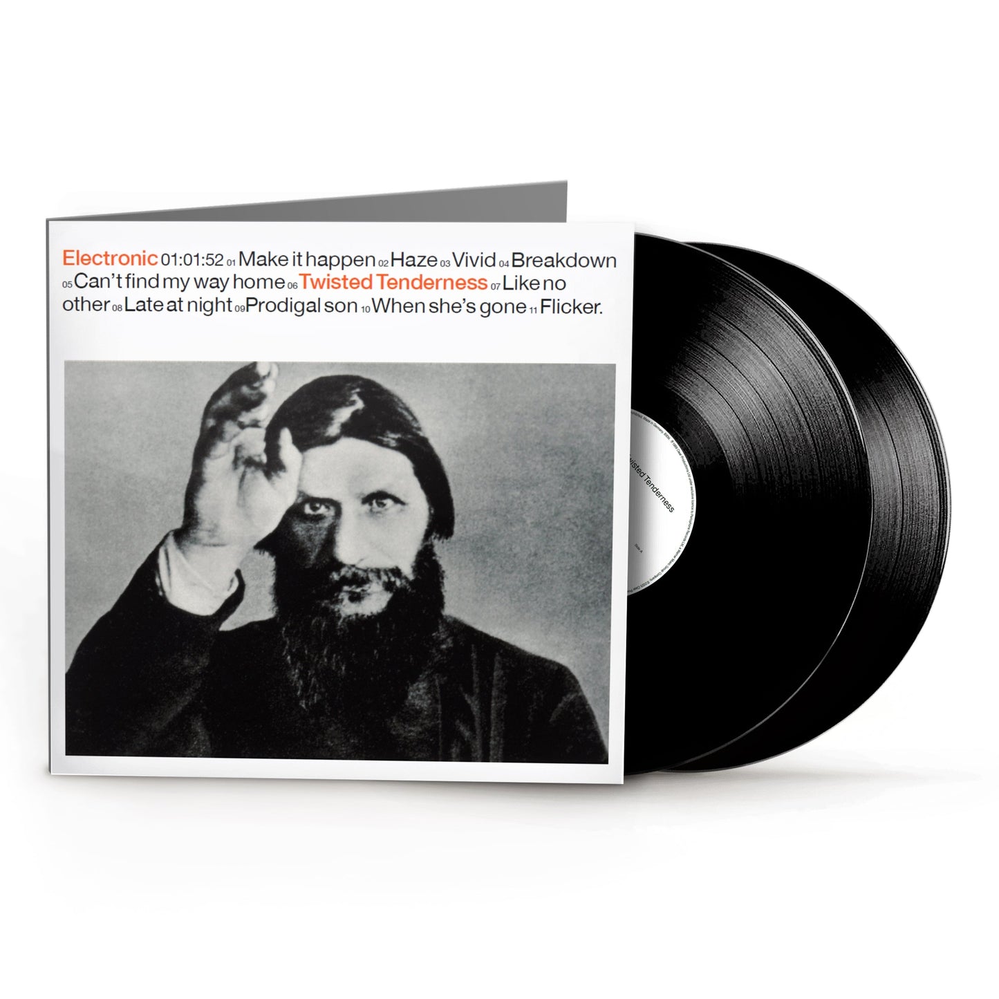 VinylSleeve with a bearded man's portrait and two black vinyl records.