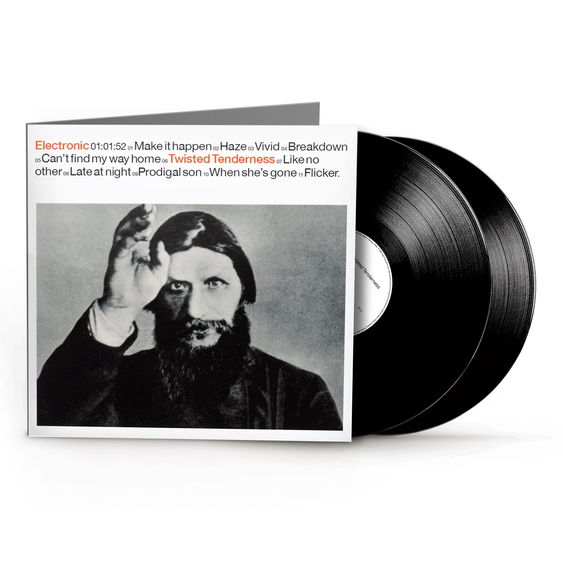 VinylSleeve with a bearded man's portrait and two black vinyl records.