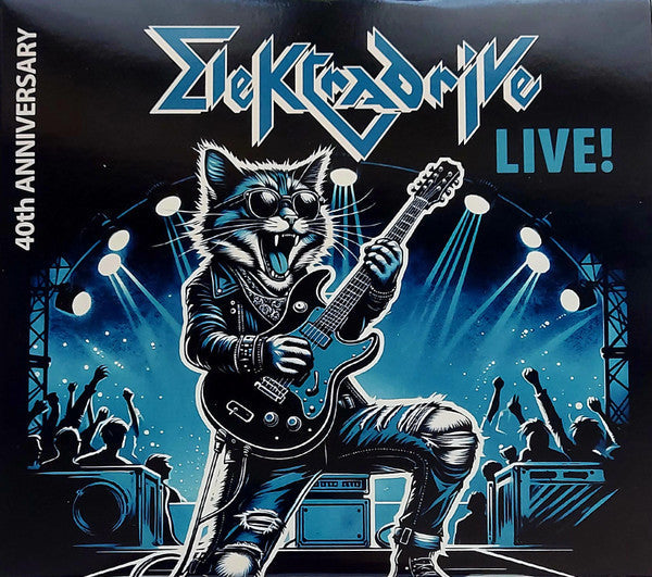CD cover featuring an anthropomorphic cat in leather playing electric guitar on stage.