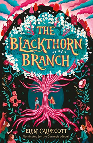 Book cover: illustrated tree with figures, colorful floral border, title “The Blackthorn Branch”.