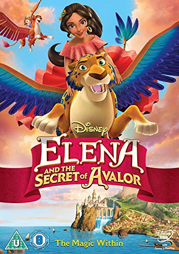 "Elena and the Secret of Avalor DVD cover featuring a girl riding a winged jaguar."
