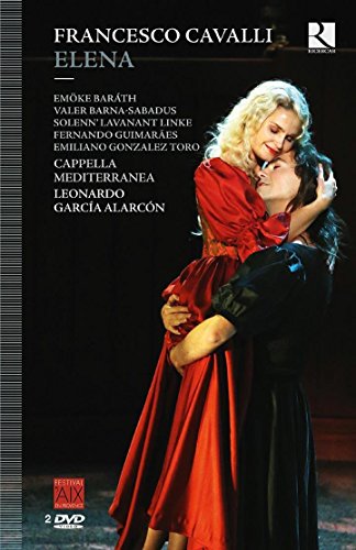 DVD cover for opera "Elena" by Francesco Cavalli, couple embracing.