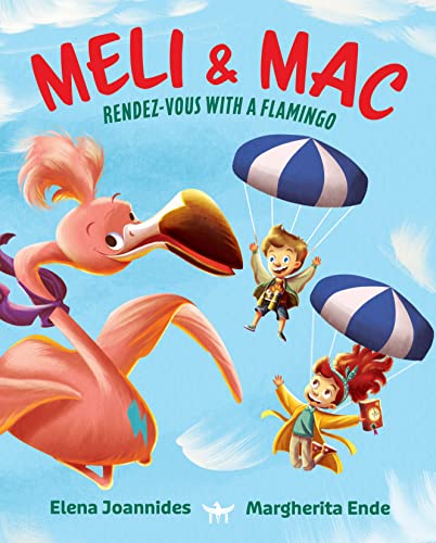 Flamingo with children parachuting, illustrated book cover, bright colors.