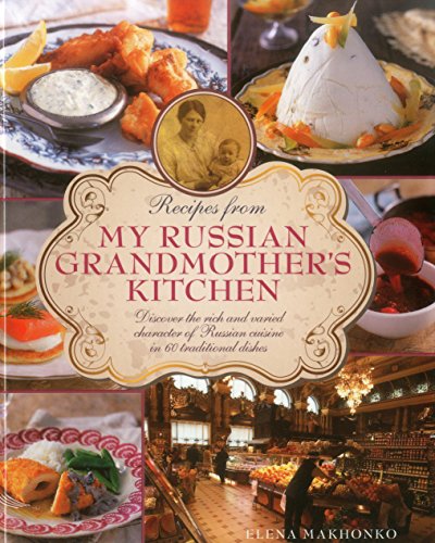 Cookbook cover featuring Russian food, a vintage portrait, and market scene.