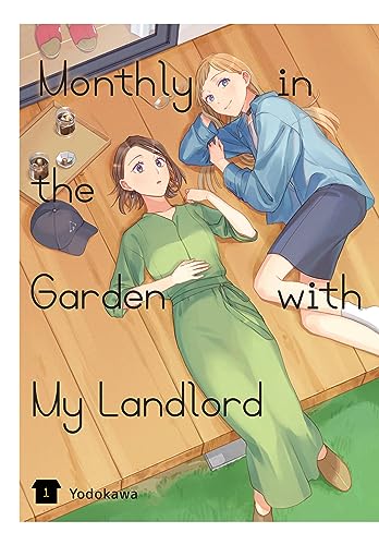 Manga cover: two young women lying on a wooden floor in a garden.