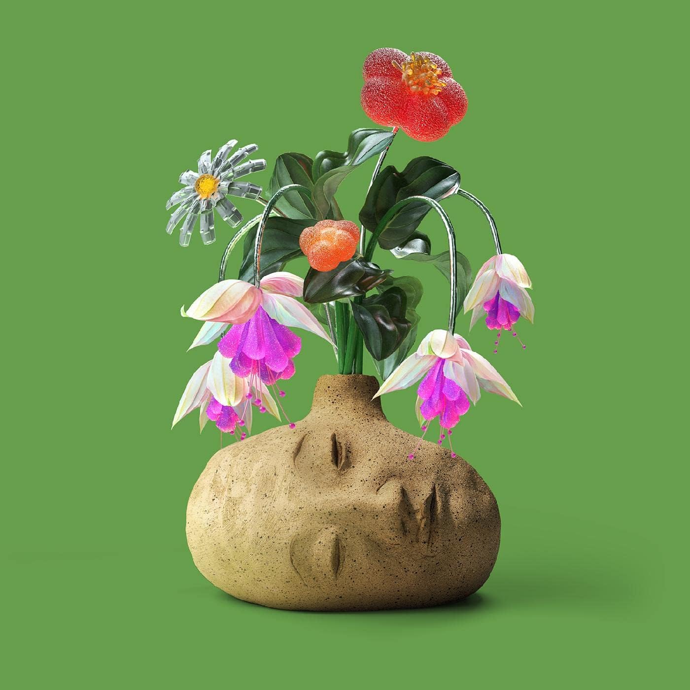 Floral arrangement in a textured vase against a solid green background.