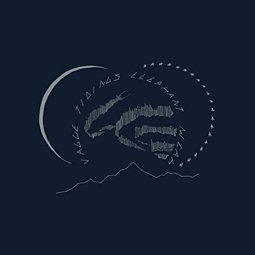 Dark blue background with white crescent moon, mountains, and stylized elephant face design.