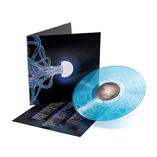 Blue marbled vinyl record with open album sleeve featuring abstract art.