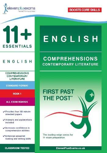 Green and white "11+ English Comprehensions" book cover, Book 1.
