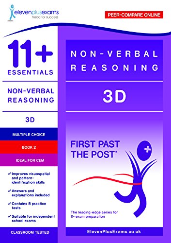 Blue book cover with “11+ Non-Verbal Reasoning 3D Book 2” text and abstract design.