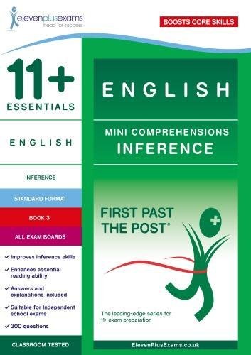 Green and white "11+ Essentials English" textbook, Book 3, inference focus.