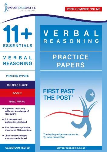 Book with verbal reasoning practice papers, pastel cover, 11+ exam prep, multiple pages.