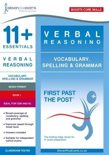 Colourful educational book cover with verbal reasoning exercises for 11+ exam preparation.