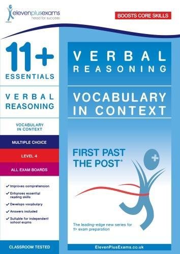 Blue and white "11+ Essentials Verbal Reasoning" workbook, Level 4.