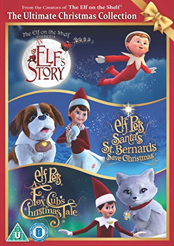 DVD cover featuring Elf on the Shelf characters, a dog, and a cat.