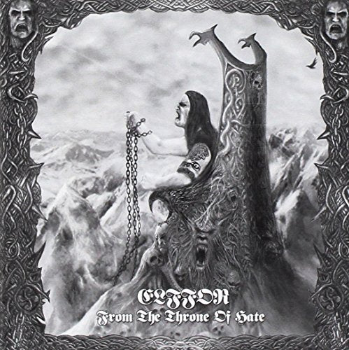 Black and white CD cover featuring a figure on a carved throne, mountains.