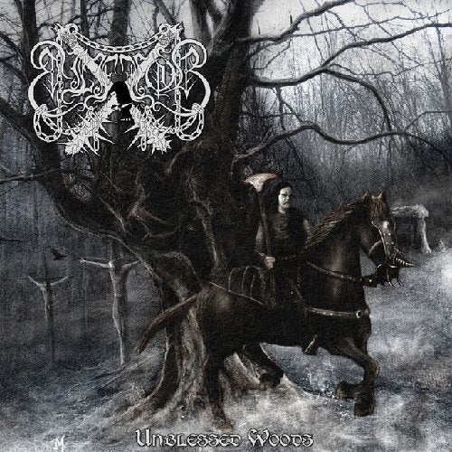 Dark forest scene with a rider on horseback and ornate lettering.