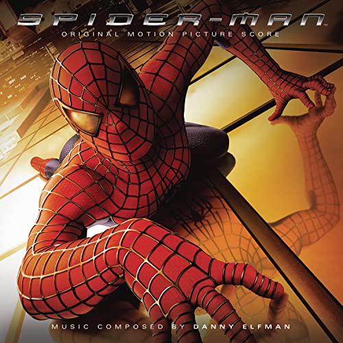 Spider-Man crouching on a reflective surface on the Spider-Man film score vinyl cover.