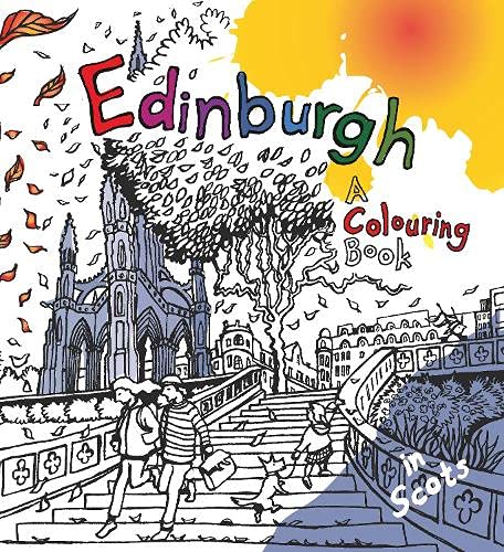 Line drawing of Edinburgh cityscape with people and falling leaves.