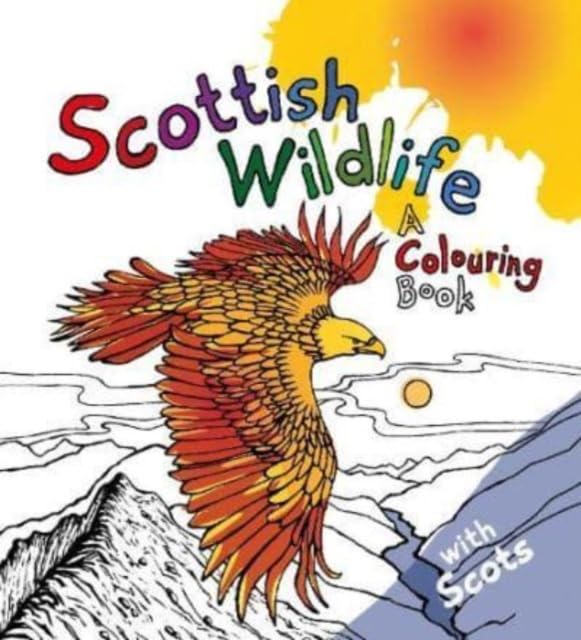 Colouring book cover featuring a red-feathered bird of prey and mountains.