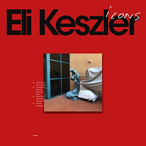 Red album cover with "Eli Keszler" and "icons" text, featuring a sculpture image.