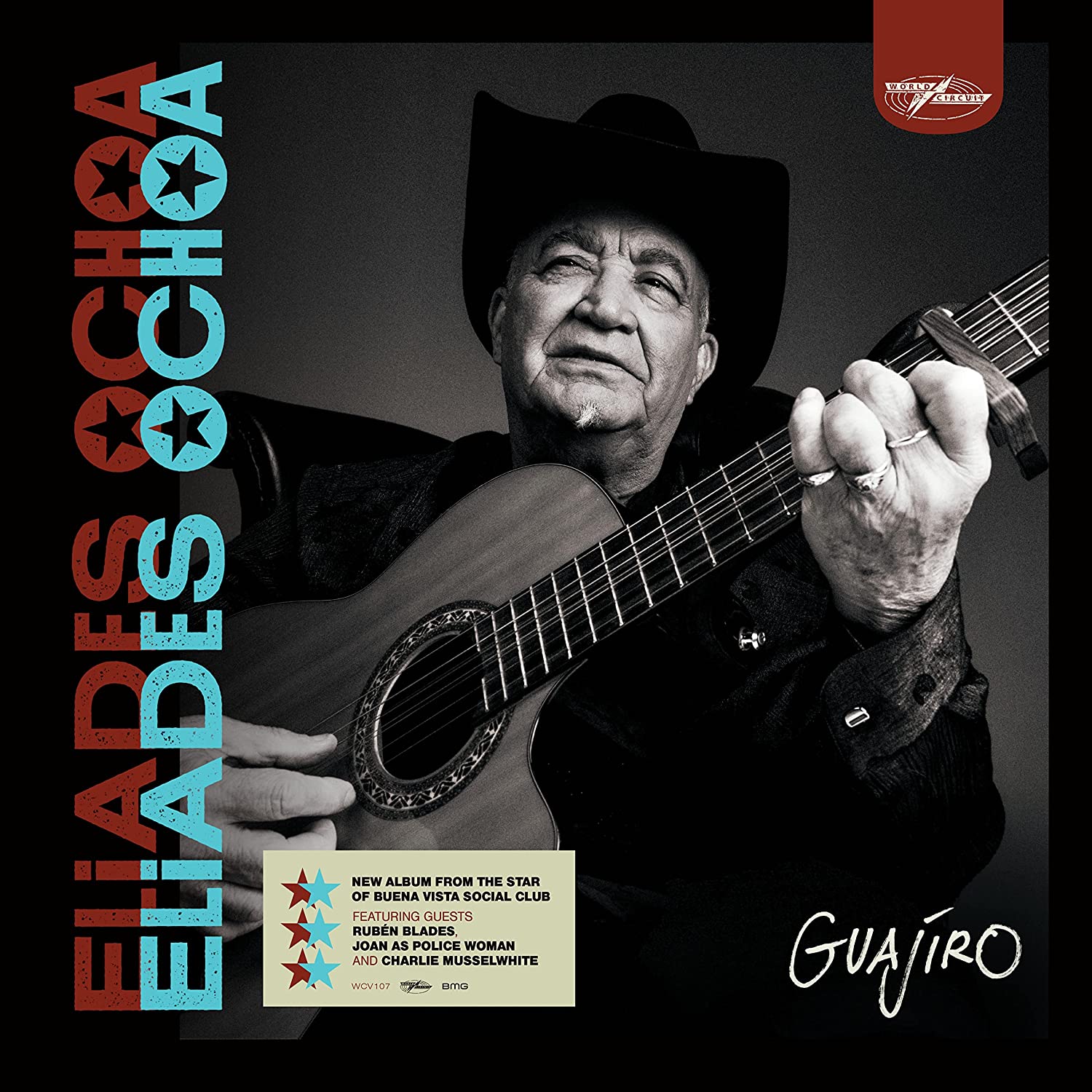 Man in cowboy hat holding guitar on album cover with colorful text and logo.
