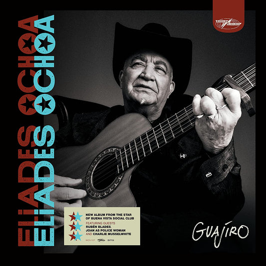 Man in cowboy hat holding guitar on album cover with colorful text and logo.