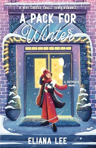 Book cover: woman in red coat stands by a snowy doorway.