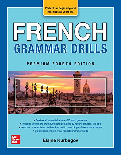 Cover of "French Grammar Drills, Premium Fourth Edition" textbook with Paris scene.