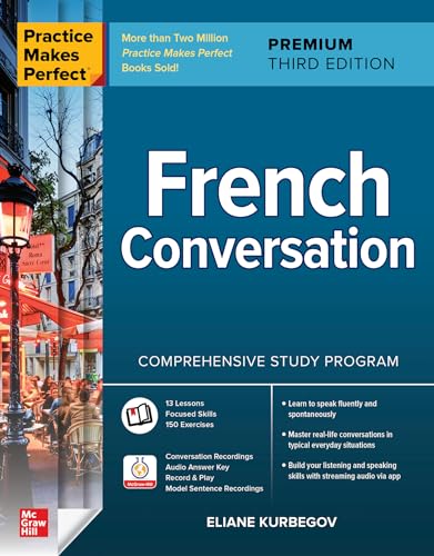 Front cover of “Practice Makes Perfect: French Conversation” textbook.